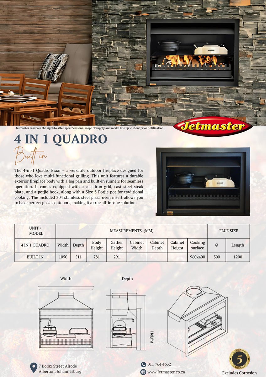 Jetmaster 4 - in - 1 Quadro Built - In Braai - Fireplace, Braai, Pizza Oven and Potjie Cooker - Lifespace