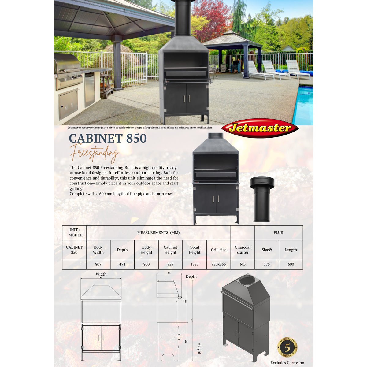 Jetmaster 850 Series Cabinet Freestanding Mild Steel Braai Including Flue Pipe and Storm Cowl - Lifespace