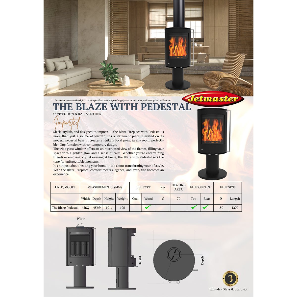 Jetmaster Blaze Series Freestanding Slow Combustion Fireplace - Two Options - Lifespace