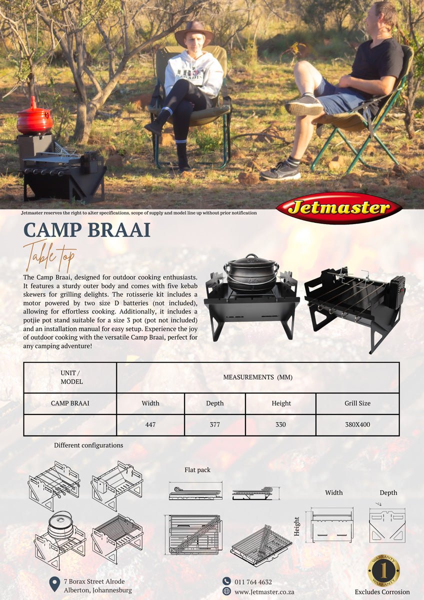 Jetmaster Camp Braai with Rotisserie Set, Stainless Steel Kebab Skewers in an Amo Box - Lifespace