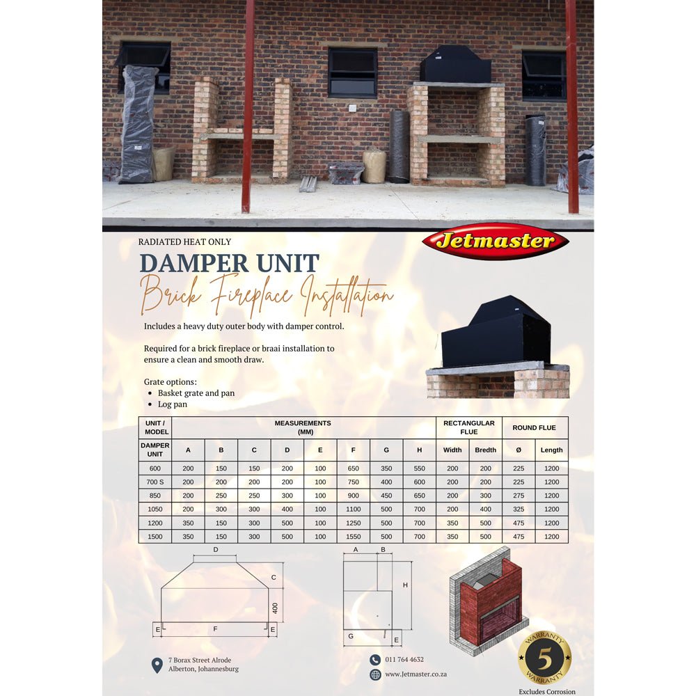 Jetmaster Damper Unit for Brick Fireplace Installations - Various Size Options - Lifespace
