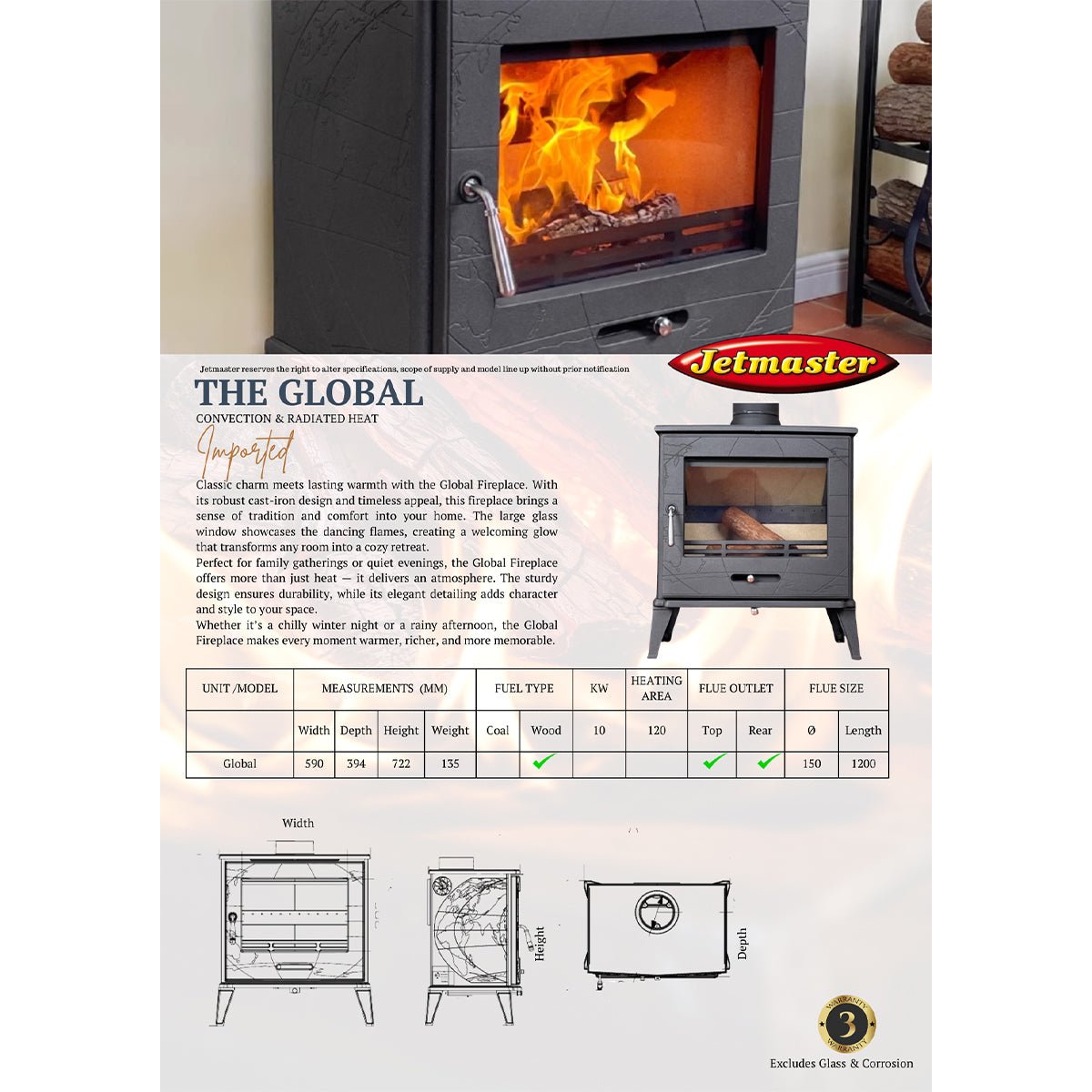 Jetmaster Global Series Freestanding Slow Combustion Fireplace - Lifespace