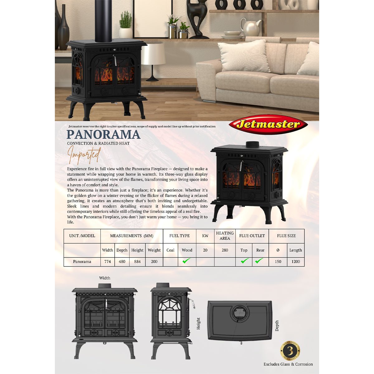Jetmaster Panorama Series Freestanding Slow Combustion Fireplace - Lifespace