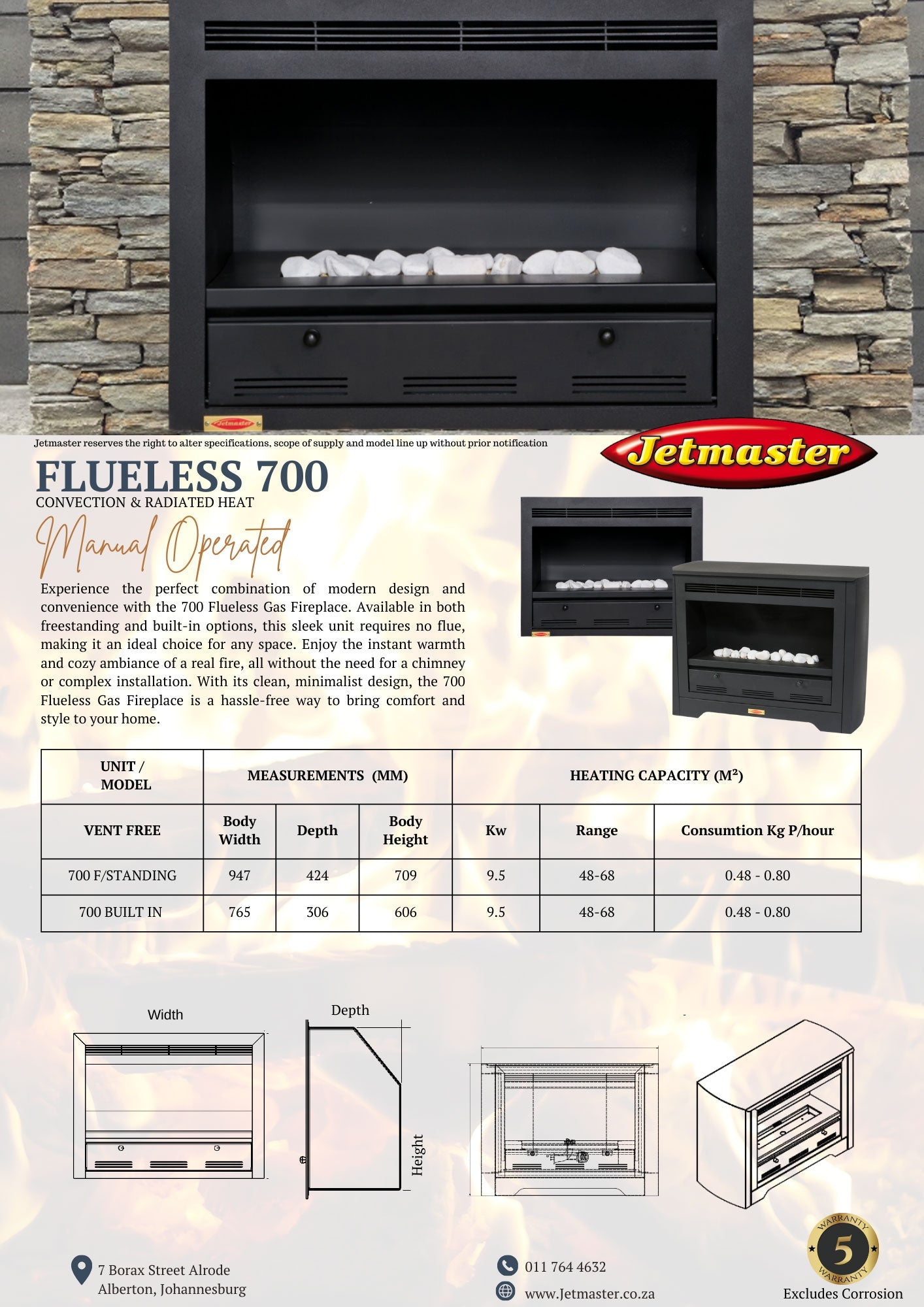 Jetmaster Vent Free Flueless 700 Series Fireplace - Various Options Available - Lifespace