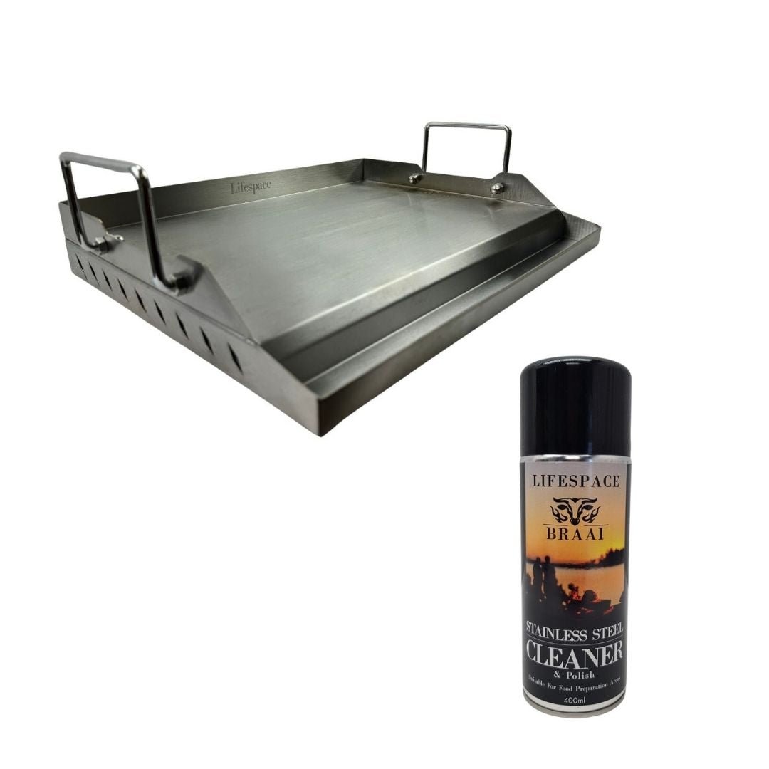 Lifespace 45cm Stainless Steel BBQ Flat Top Griddle + Stainless Steel Cleaner 400ml Bundle - Lifespace