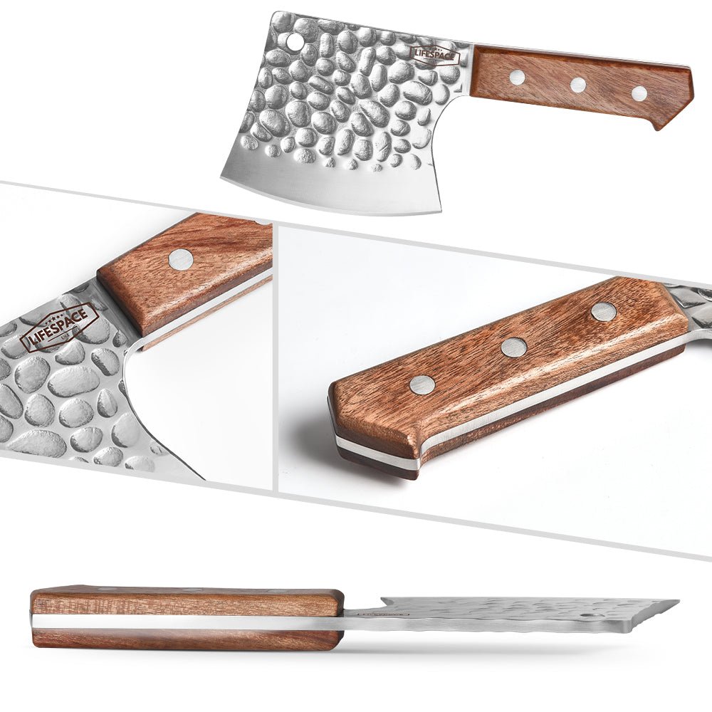 Lifespace 5" Hammered Butcher Chopping Cleaver with a Full Tang Rosewood Handle - Lifespace