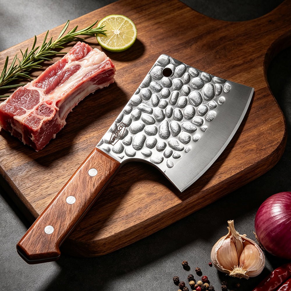 Lifespace 5" Hammered Butcher Chopping Cleaver with a Full Tang Rosewood Handle - Lifespace
