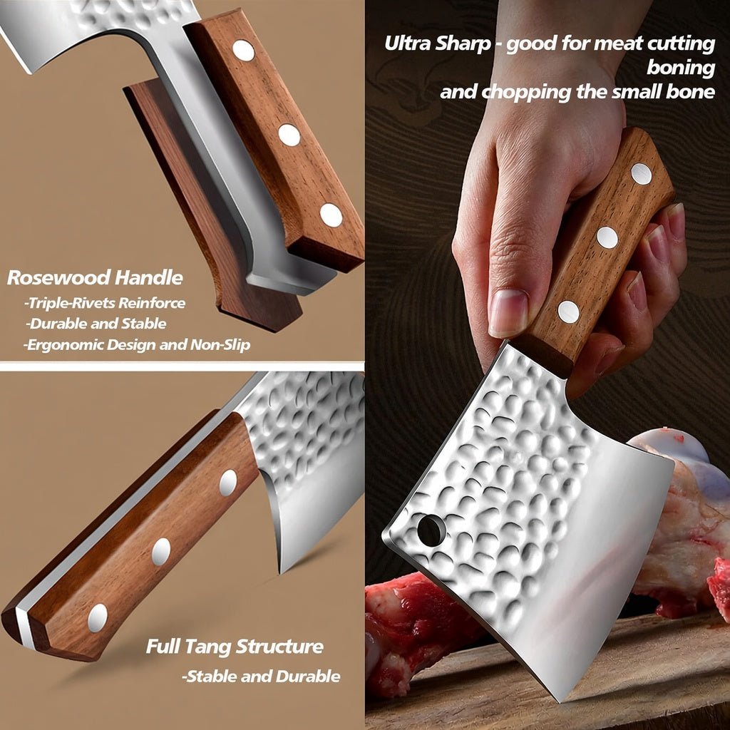 Lifespace 5" Hammered Butcher Chopping Cleaver with a Full Tang Rosewood Handle - Lifespace