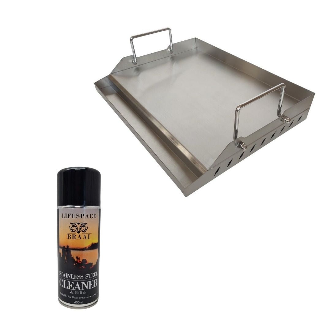 Lifespace 56cm Stainless Steel BBQ Flat Top Griddle and Stainless Steel Cleaner 400ml Bundle - Lifespace