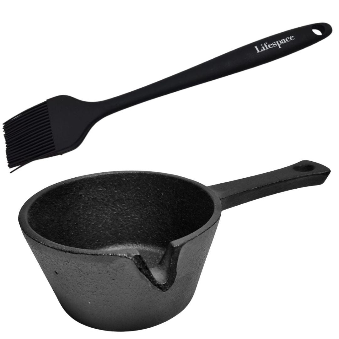 Lifespace 9,5cm Cast Iron Basting Pot & Lifespace Silicone Basting Brush Bundle Deal