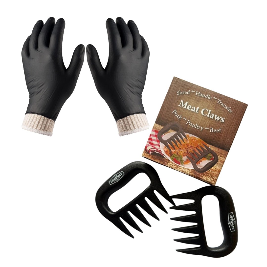 Lifespace BBQ Braai Essentials Meat Shredding Bundle: Nitrile Gloves (50-Pack) & Meat Shredding Bear Claws - Lifespace