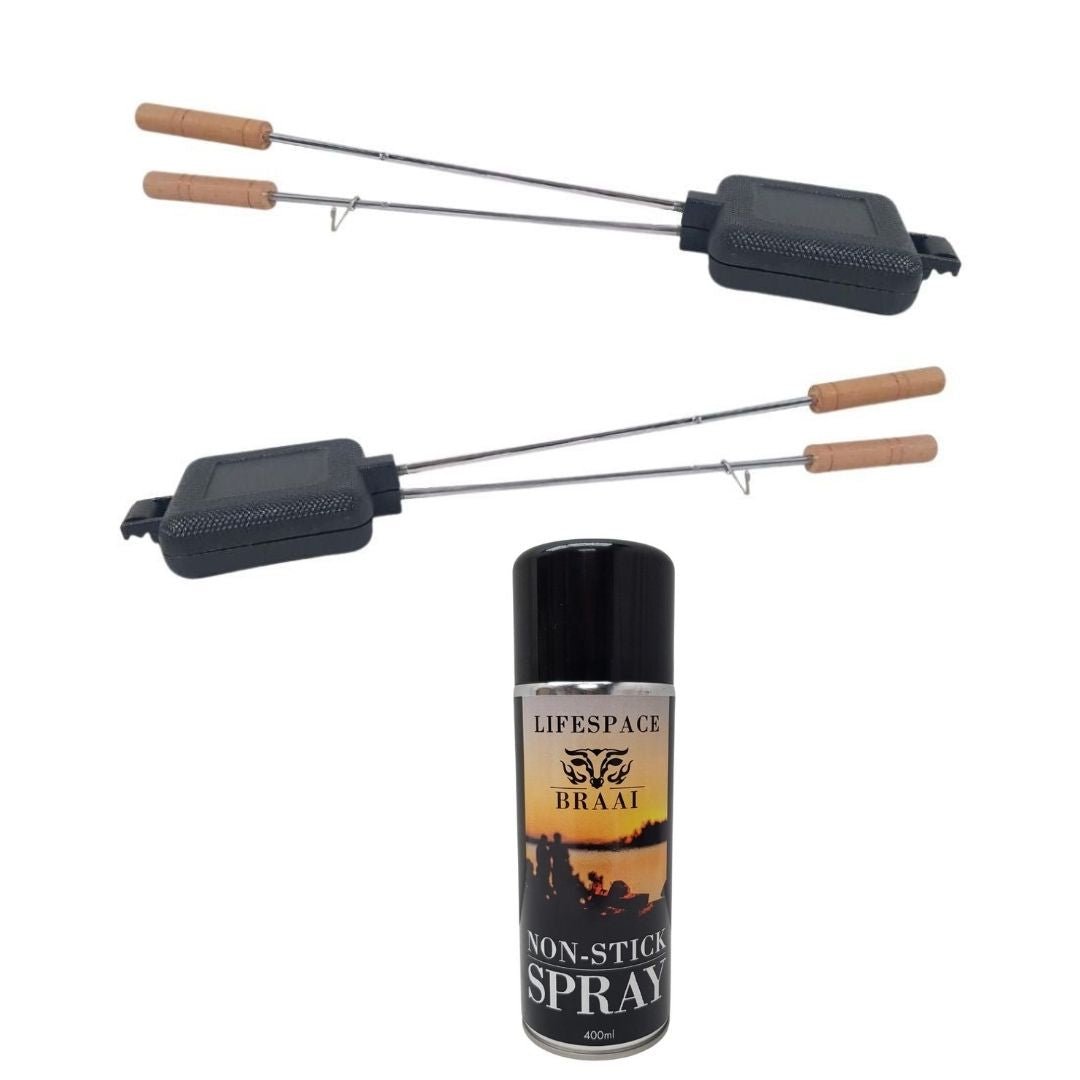 Lifespace Braai / Stove Top Cast Iron Toasted Sandwich & Pie Maker (2-Pack) + 400ml Non-Stick Spray Combo Pack - Lifespace