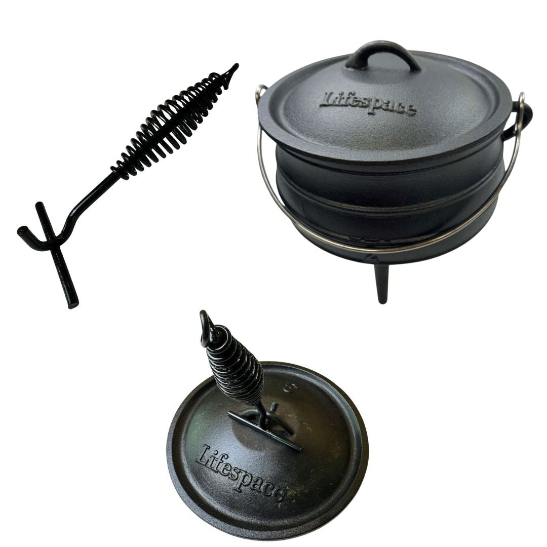 Lifespace Cast Iron Potjie Combo – No 2 Potjie Pot (6L) + 22cm Lid Lifter - Lifespace