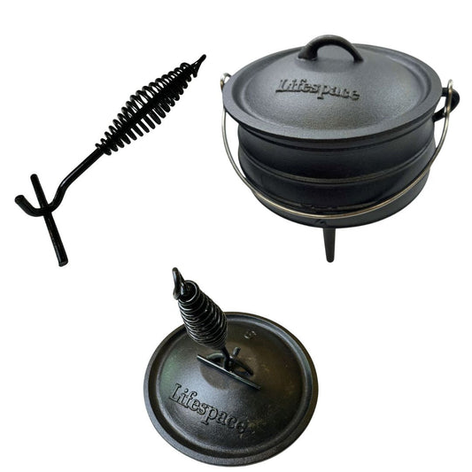 Lifespace Cast Iron Potjie Combo – No 2 Potjie Pot (6L) + 22cm Lid Lifter - Lifespace
