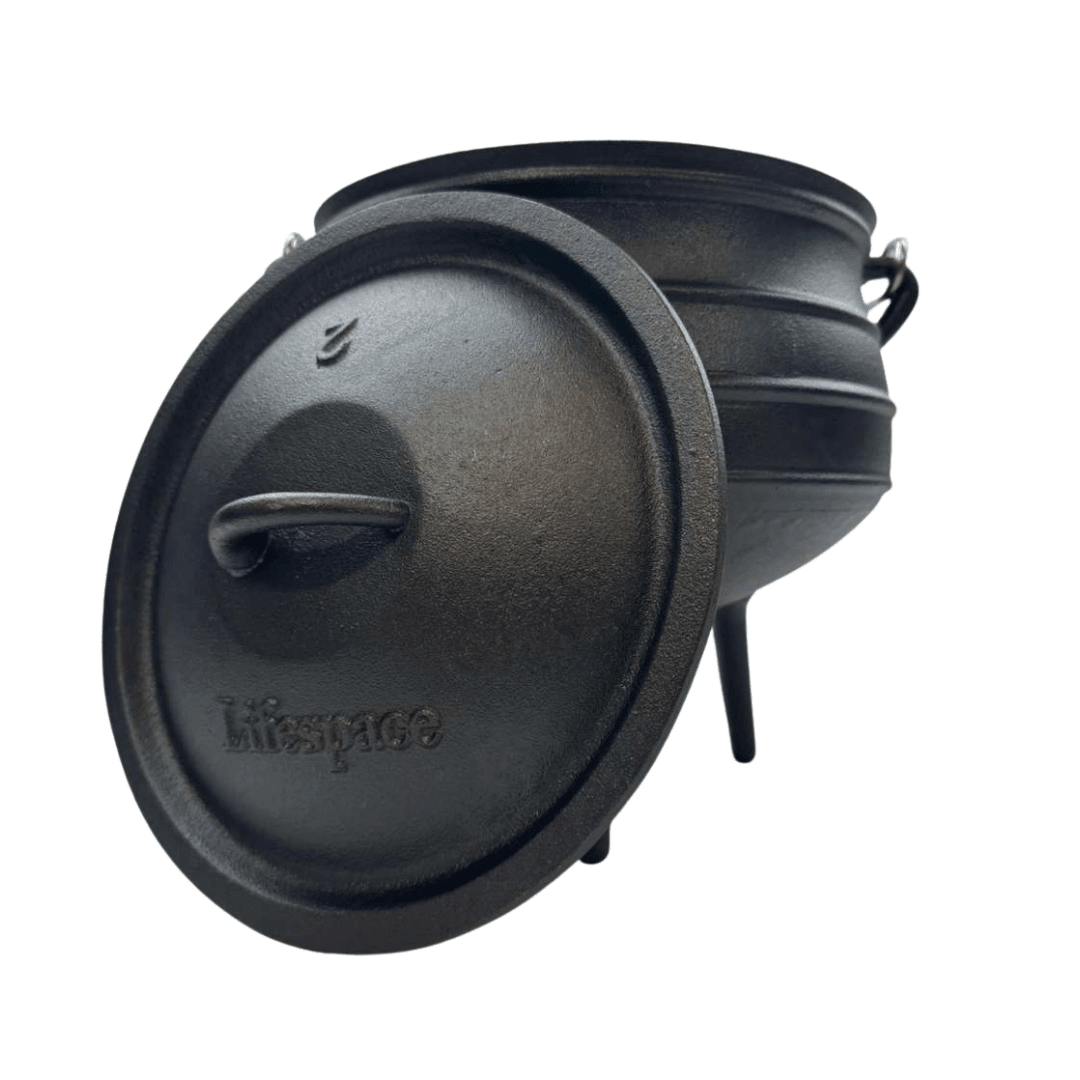 Lifespace Cast Iron Potjie Combo – No 2 Potjie Pot (6L) + 22cm Lid Lifter - Lifespace