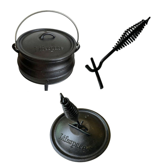 Lifespace Cast Iron Potjie Combo – No 3 Potjie Pot (7.8L) + 22cm Lid Lifter - Lifespace