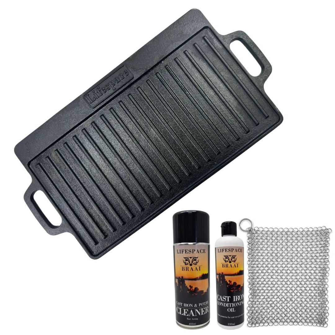 Lifespace Cast Iron Reversible Griddle Plate Pan + Potjie Clean & Care Kit Bundle - Lifespace