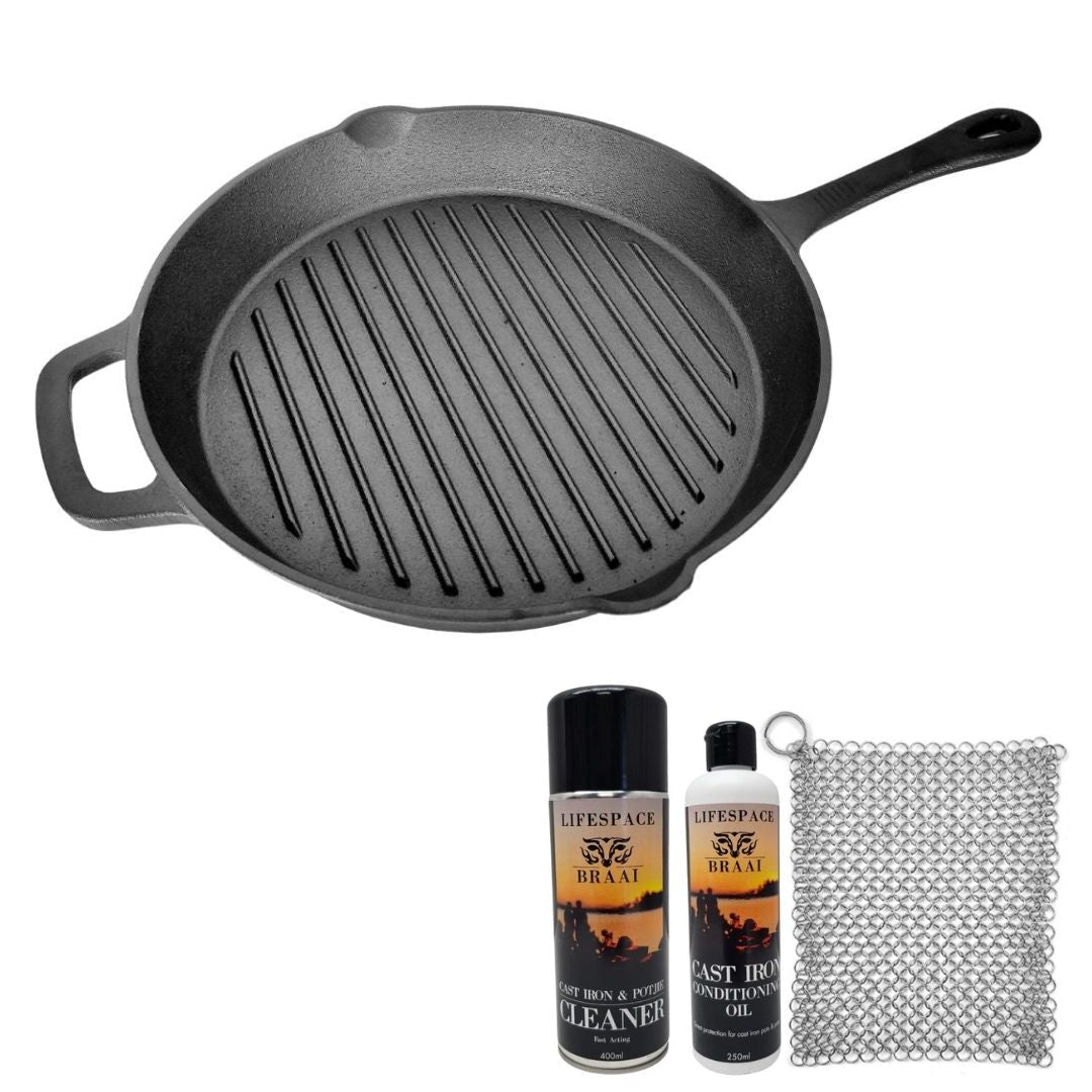 Lifespace Cast Iron Round Griddle Skillet Pan - 28cm + Potjie Clean & Care Kit Bundle - Lifespace