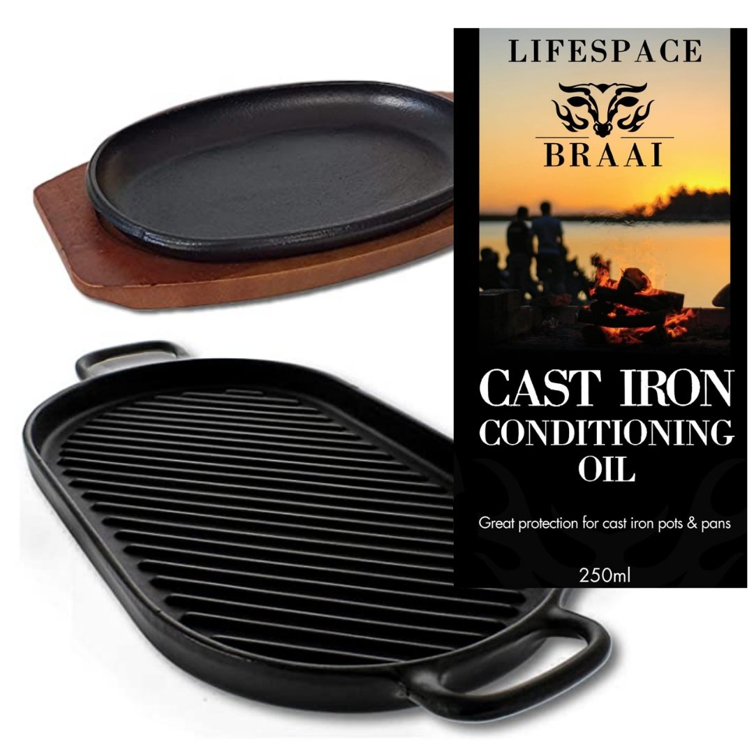Lifespace Cast Iron Round Griddle Skillet Pan - 28cm + Potjie Clean & Care Kit Bundle - Lifespace
