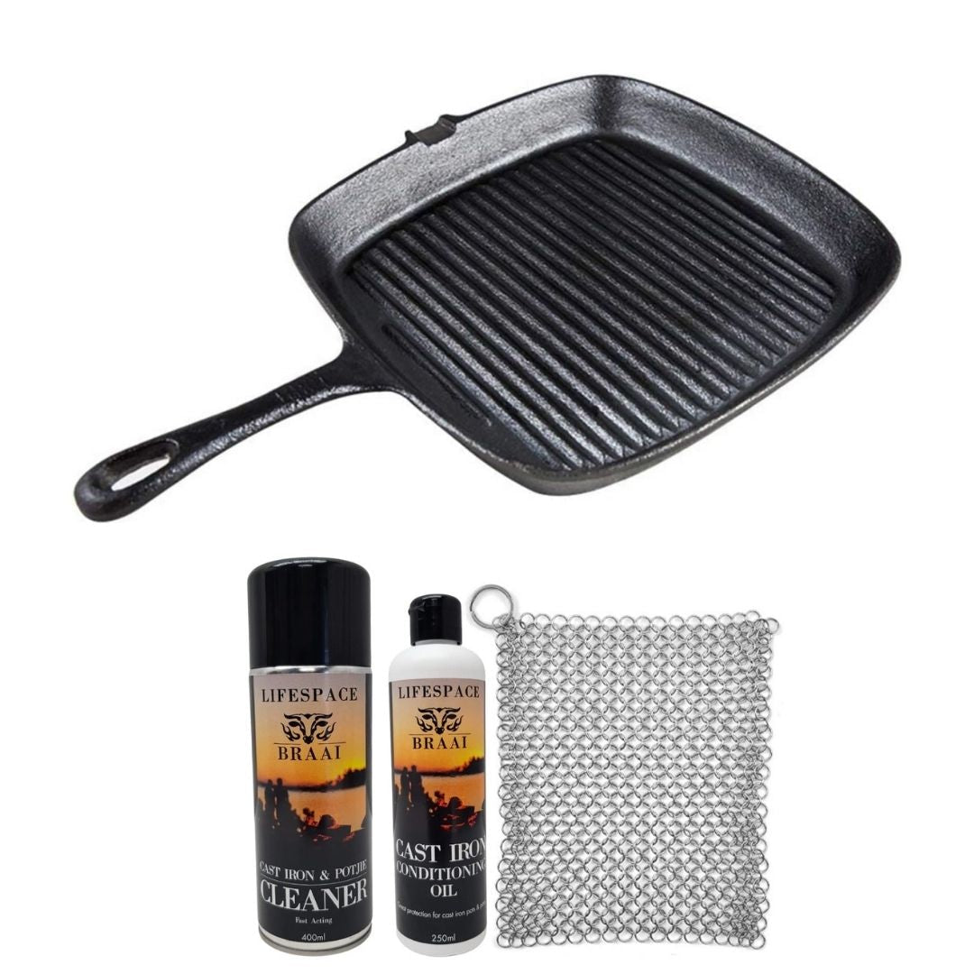 Lifespace Cast Iron Square Griddle Pan 24cm + Potjie Clean & Care Kit Bundle - Lifespace