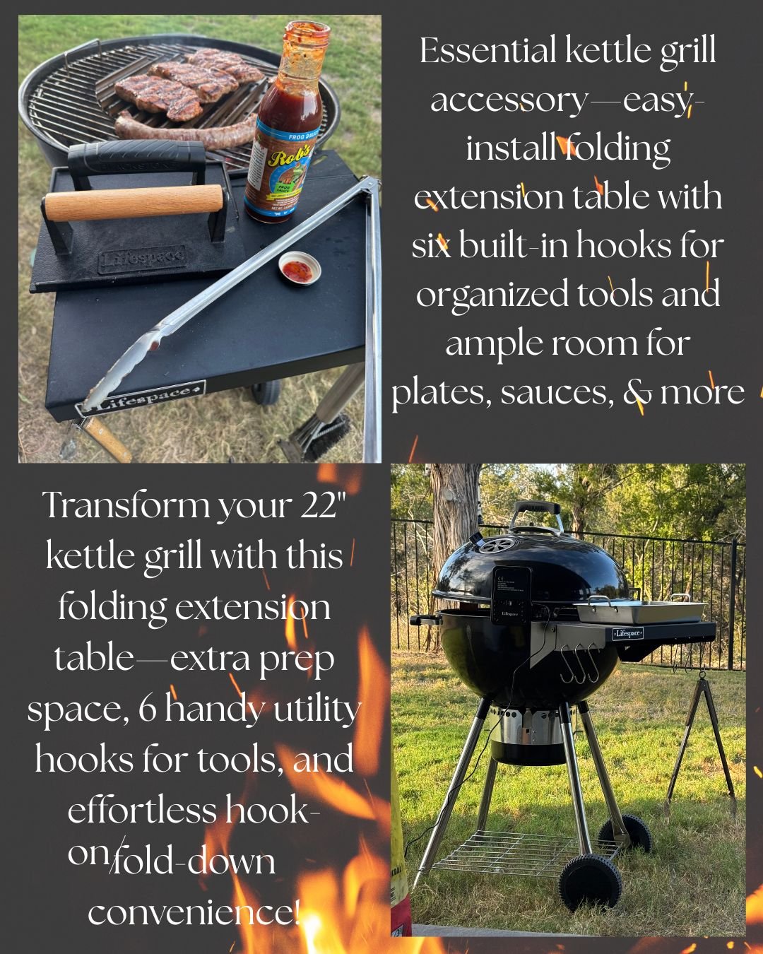 Lifespace Kettle Grill Folding Extension Table with Six Utility Hooks - Lifespace