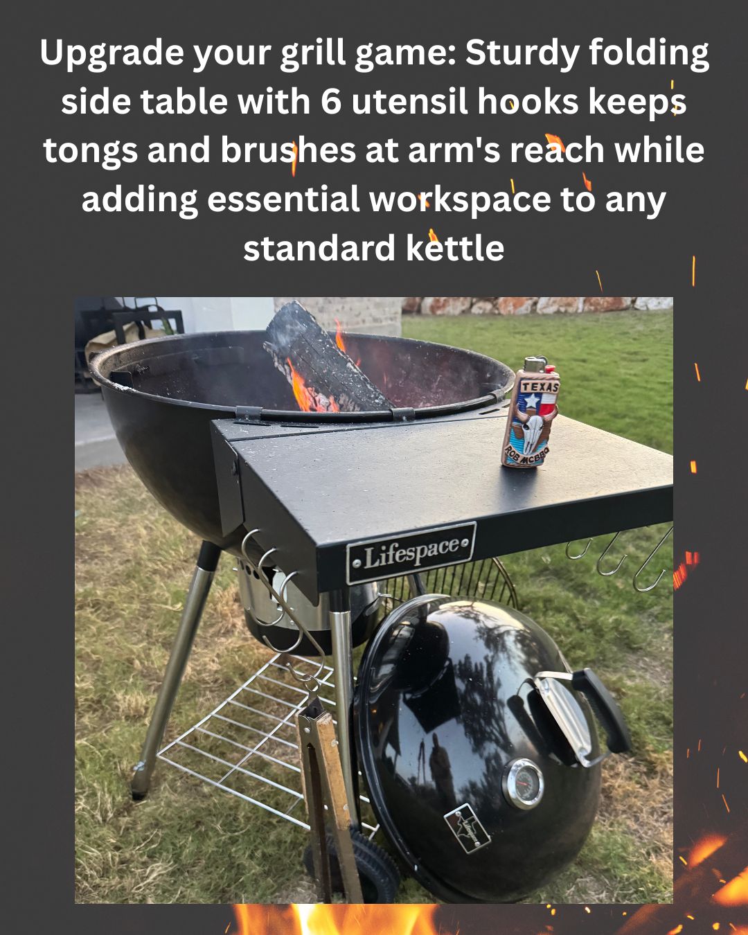 Lifespace Kettle Grill Folding Extension Table with Six Utility Hooks - Lifespace