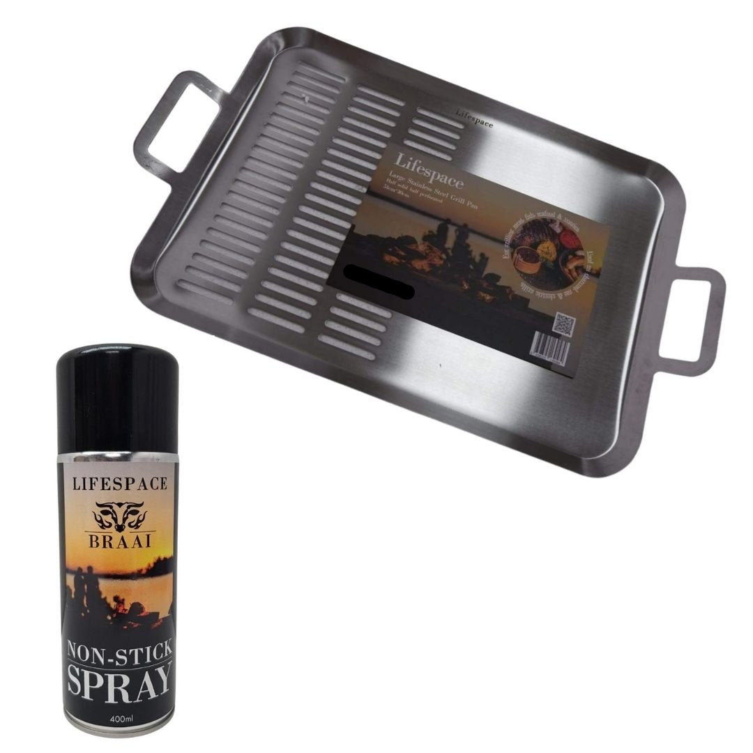 Lifespace Large Braai Breakfast Pan (Half-Perforated) + 400ml Non-Stick Spray Combo Pack - Lifespace