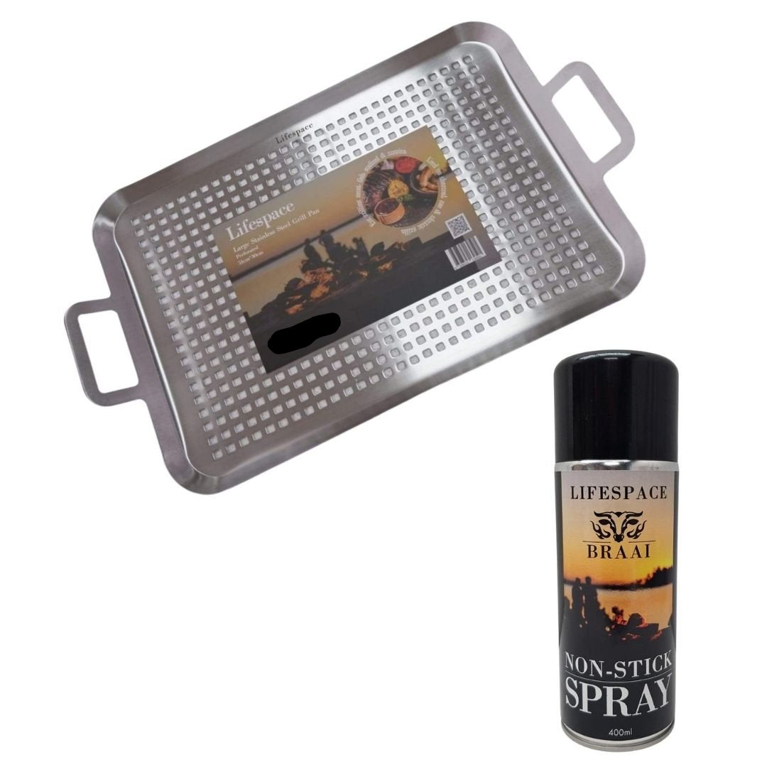Lifespace Large Perforated Braai Pan + 400ml Non-Stick Spray Combo Pack - Lifespace