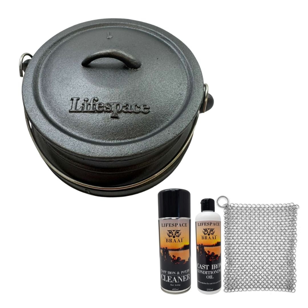 Lifespace No. 1 Cast Iron Flat Bottom Potjie Pot - 4.7lt + Potjie Clean & Care Kit Bundle - Lifespace