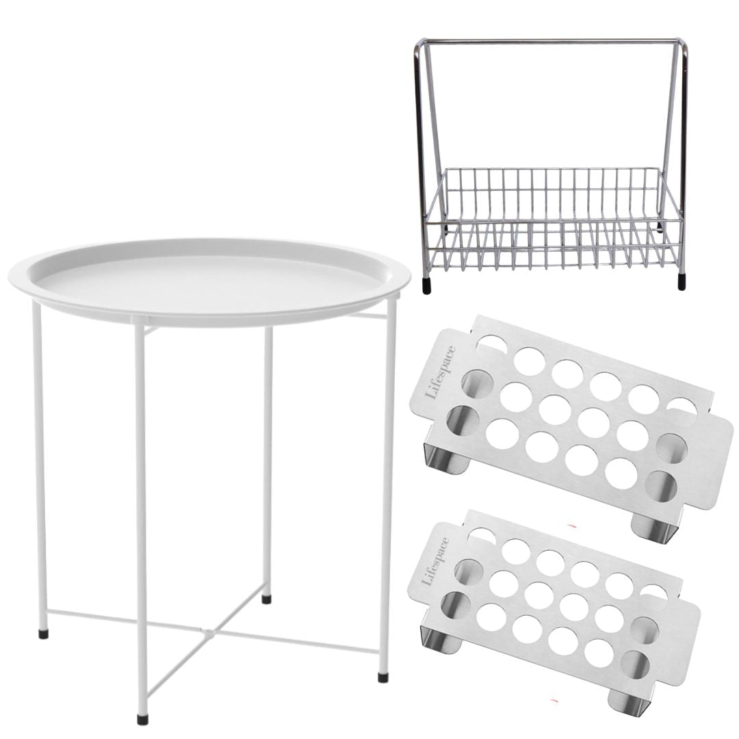 Lifespace Patio & Braai Essentials Bundle – Round Side Table + 2x Jalapeño/Drumstick Racks + Chrome Condiment Caddy - Lifespace