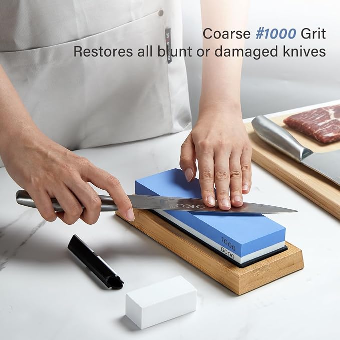 Lifespace Premium Whetstone Dual Sided 1000/3000 Grit, Sharpening Stone, Non-Slip Bamboo Base & Angle Guide - Lifespace