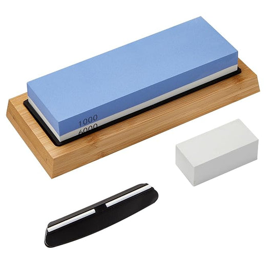 Lifespace Premium Whetstone Dual Sided 1000/3000 Grit, Sharpening Stone, Non-Slip Bamboo Base & Angle Guide - Lifespace