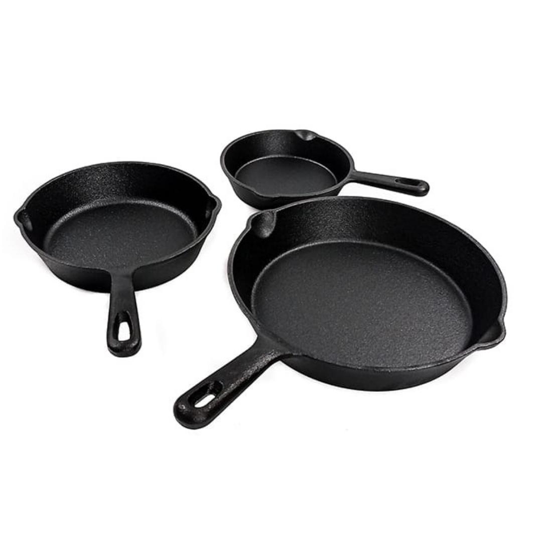 Lifespace Quality 3 Piece Matt Black Cast Iron Skillet Pan Set + Potjie Clean & Care Kit Bundle - Lifespace