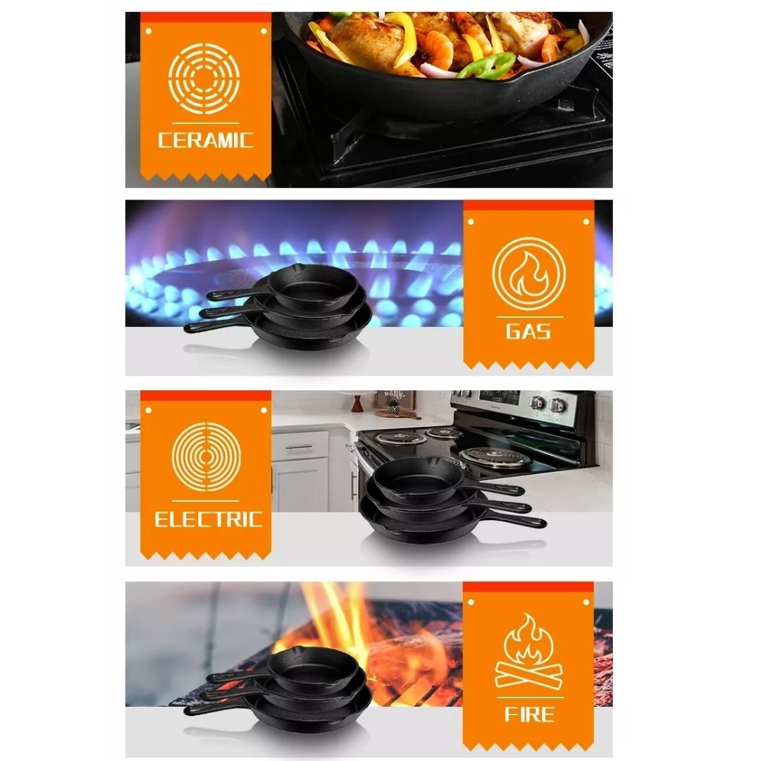Lifespace Quality 3 Piece Matt Black Cast Iron Skillet Pan Set + Potjie Clean & Care Kit Bundle - Lifespace