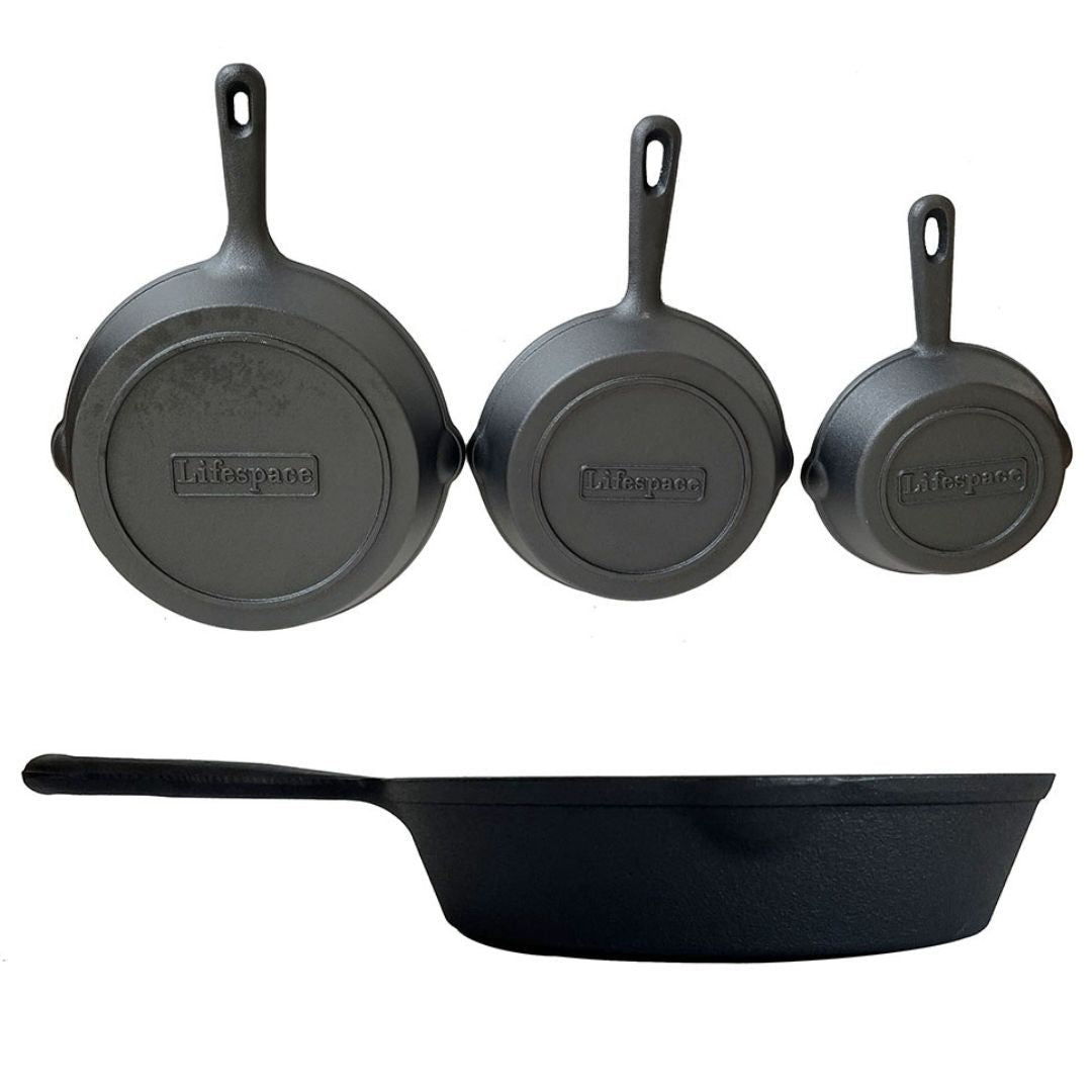Lifespace Quality 3 Piece Matt Black Cast Iron Skillet Pan Set + Potjie Clean & Care Kit Bundle - Lifespace