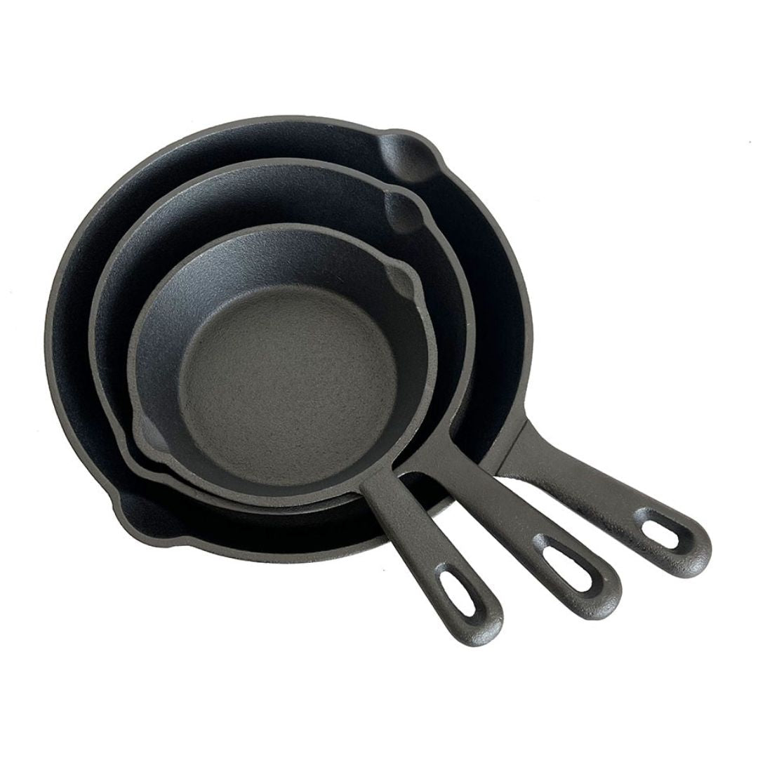 Lifespace Quality 3 Piece Matt Black Cast Iron Skillet Pan Set + Potjie Clean & Care Kit Bundle - Lifespace