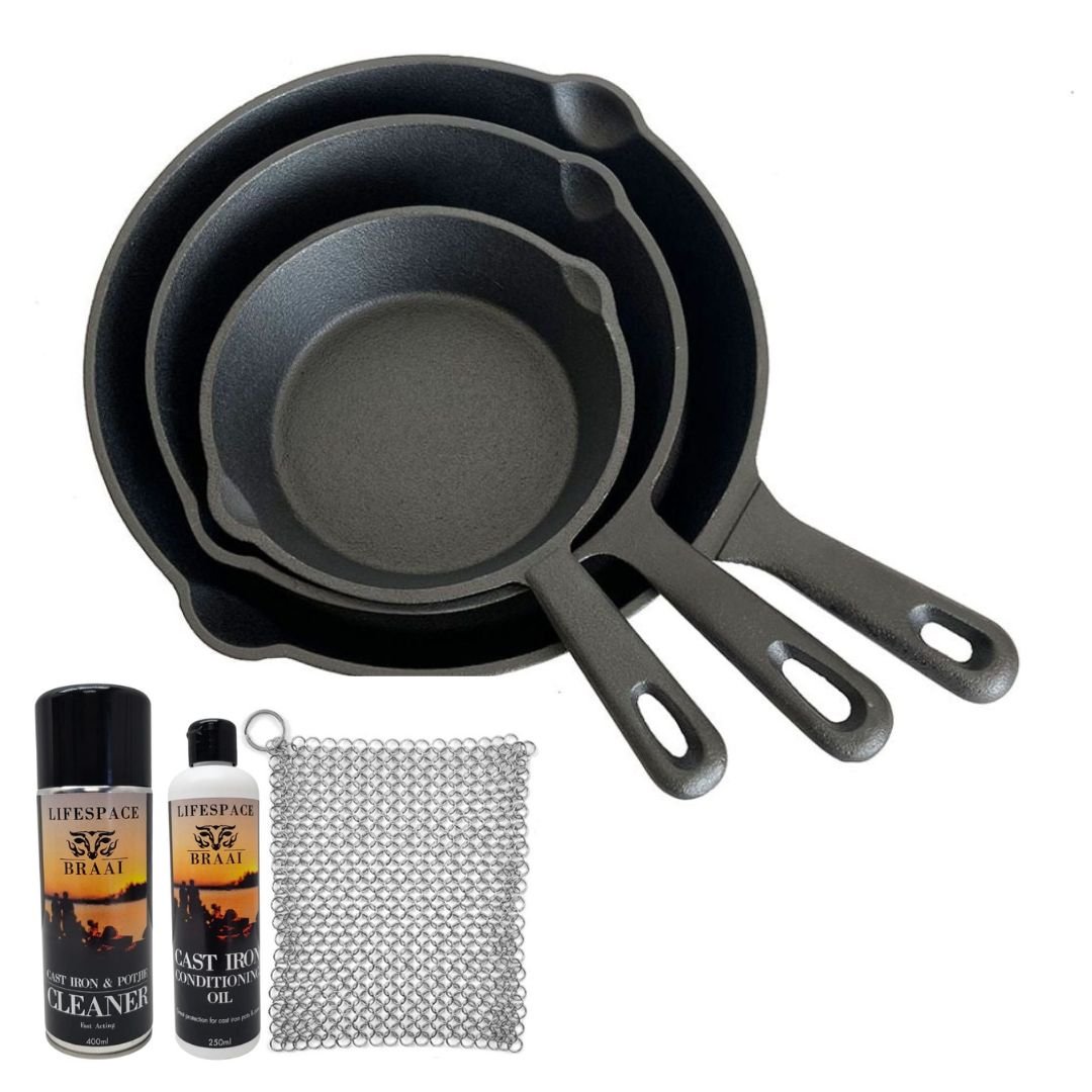 Lifespace Quality 3 Piece Matt Black Cast Iron Skillet Pan Set + Potjie Clean & Care Kit Bundle - Lifespace