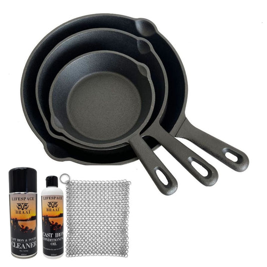 Lifespace Quality 3 Piece Matt Black Cast Iron Skillet Pan Set + Potjie Clean & Care Kit Bundle - Lifespace