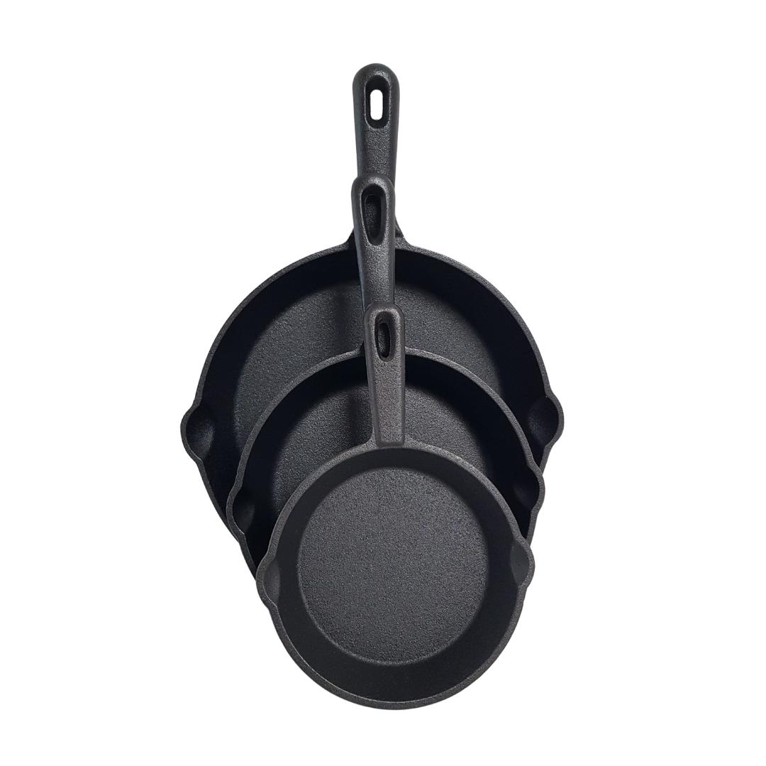 Lifespace Quality 3 Piece Matt Black Cast Iron Skillet Pan Set + Potjie Clean & Care Kit Bundle - Lifespace