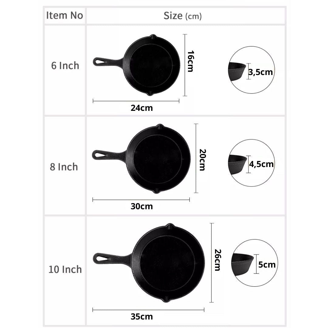Lifespace Quality 3 Piece Matt Black Cast Iron Skillet Pan Set + Potjie Clean & Care Kit Bundle - Lifespace