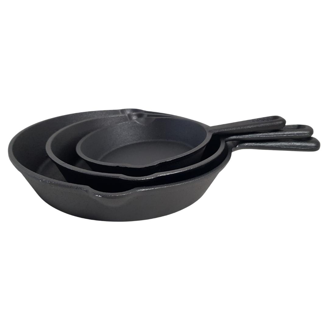 Lifespace Quality 3 Piece Matt Black Cast Iron Skillet Pan Set + Potjie Clean & Care Kit Bundle - Lifespace