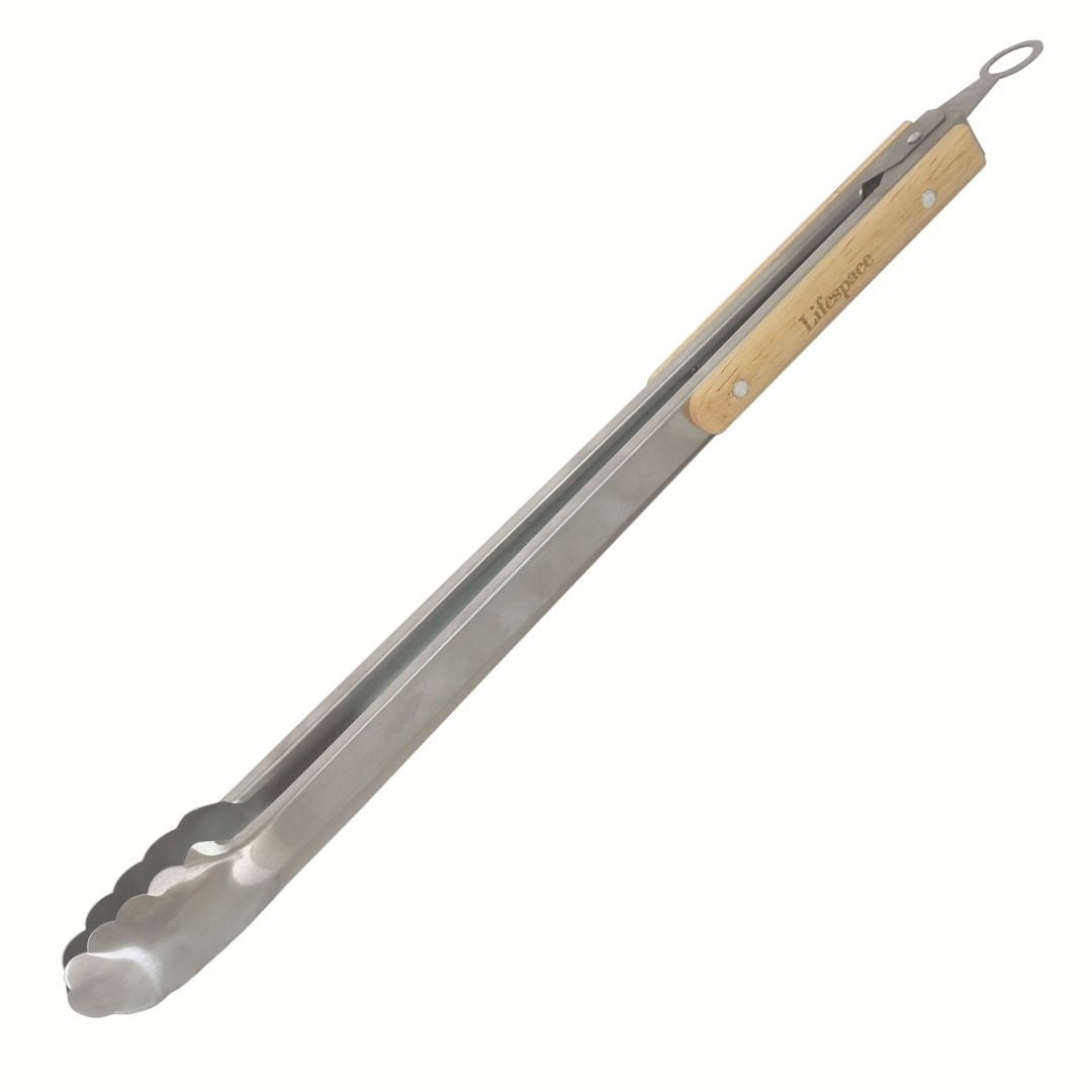 Lifespace Quality Stainless Steel Braai & Salad Tongs with Wood Handle - 40cm (2-Pack) - Lifespace