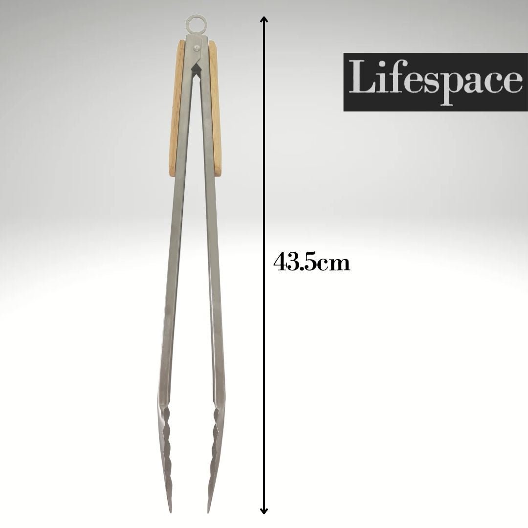 Lifespace Quality Stainless Steel Braai & Salad Tongs with Wood Handle - 40cm (2-Pack) - Lifespace