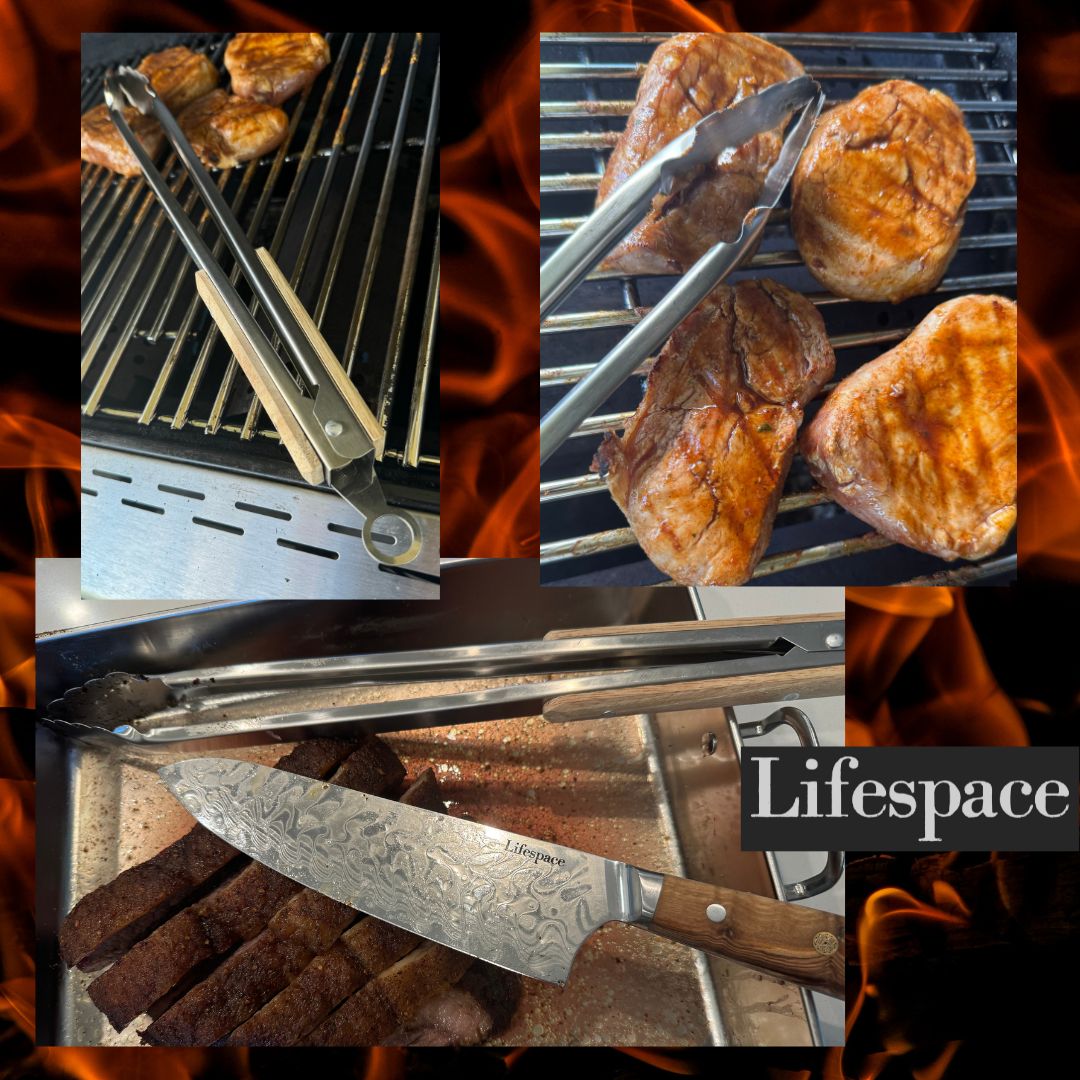 Lifespace Quality Stainless Steel Braai & Salad Tongs with Wood Handle - 40cm (2-Pack) - Lifespace