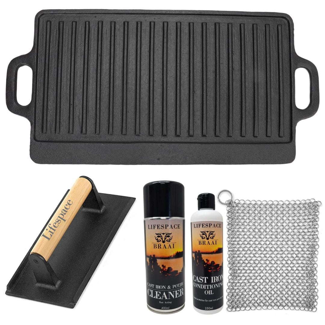 Lifespace Reversible Griddle Pan, Cast Iron Meat/Bacon Press & Cast Iron Care & Protect Bundle - Lifespace