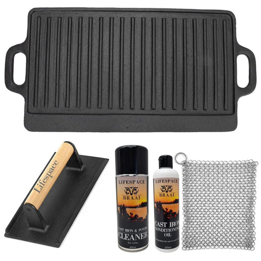 Lifespace Reversible Griddle Pan, Cast Iron Meat/Bacon Press & Cast Iron Care & Protect Bundle - Lifespace