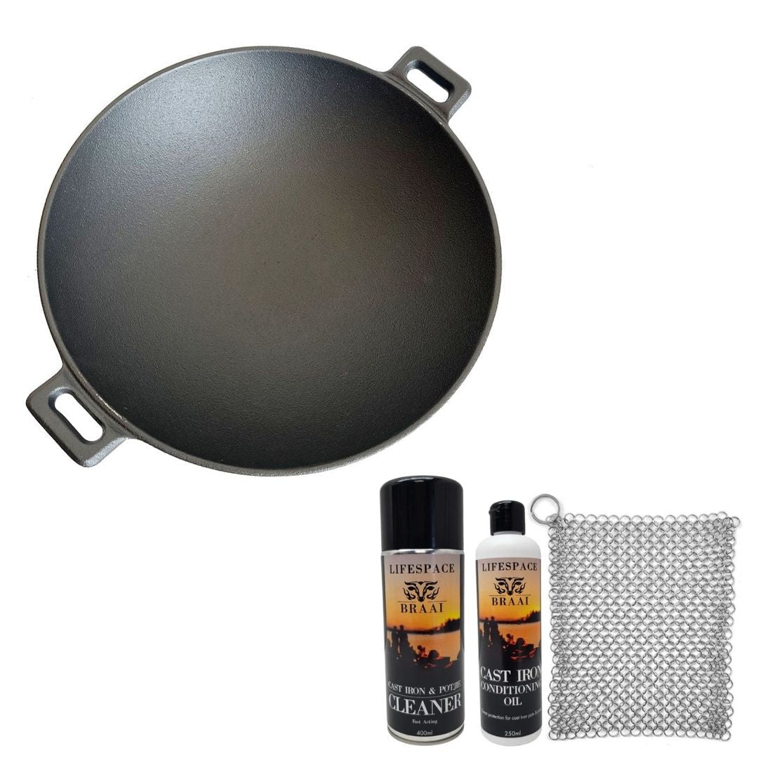Lifespace Round Cast Iron Wok with Handles - 37cm x 31cm + Potjie Clean & Care Kit Bundle - Lifespace