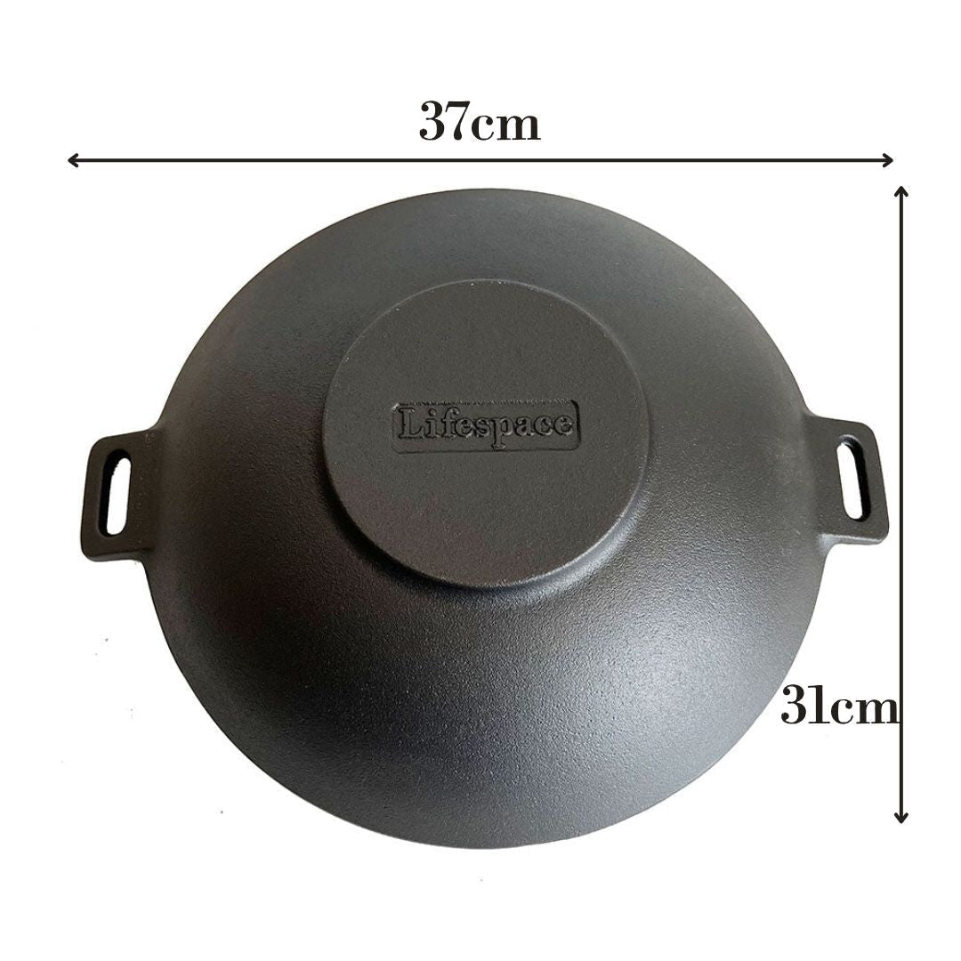 Lifespace Round Cast Iron Wok with Handles - 37cm x 31cm + Potjie Clean & Care Kit Bundle - Lifespace