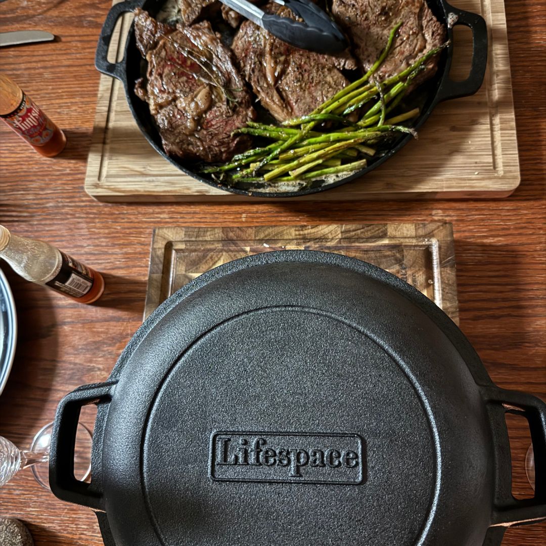 Lifespace Round Flat Cast Iron Grill Pan - 35cm + Potjie Clean & Care Kit Bundle - Lifespace