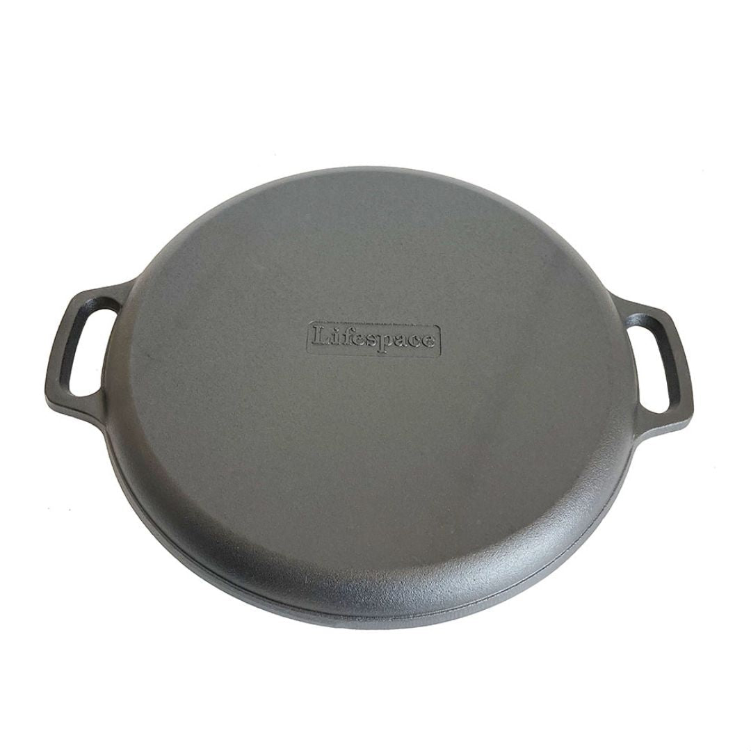 Lifespace Round Flat Cast Iron Grill Pan - 35cm + Potjie Clean & Care Kit Bundle - Lifespace